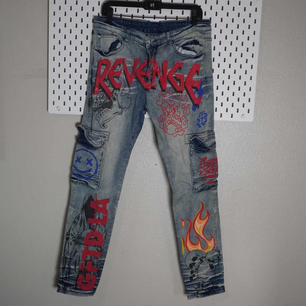 BIEPA Jeans Mens Painted Graphic Denim Jeans Blue Slim Fit Cargo Size 34‎